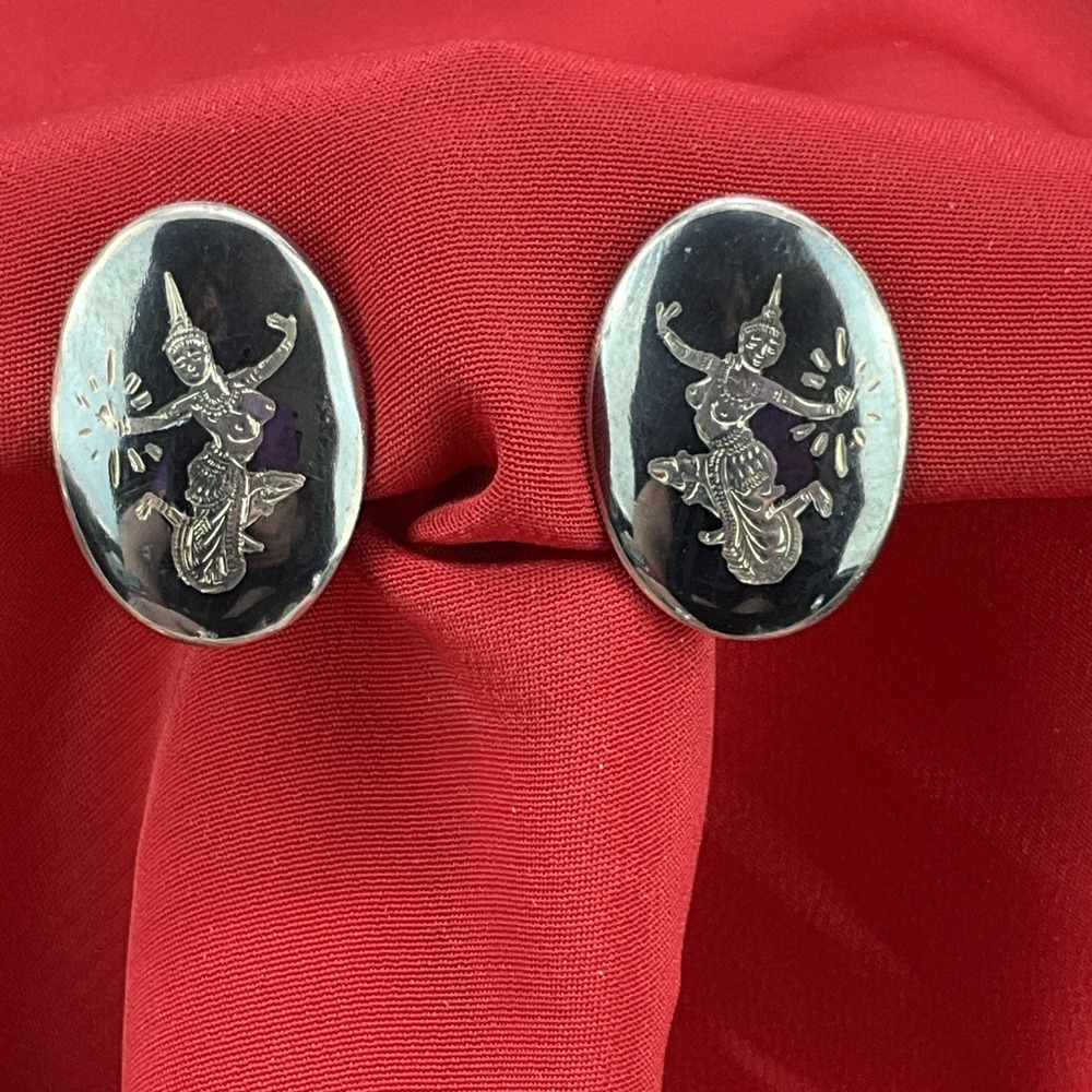 Siam Silver‎ Vintage Niello Oval Shape Sterling Silver 925 Screw Back Earrings